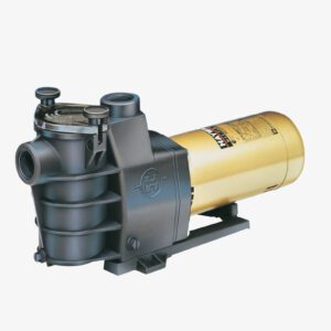 A pool pump with a gold cap and black body.