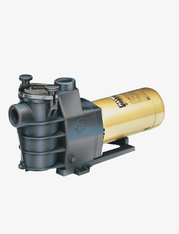 A pool pump with a gold cap and black body.