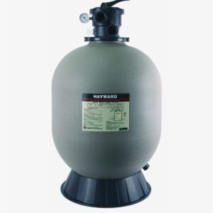 A gray sand filter is sitting on top of a black stand.