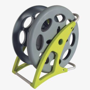 A yellow and grey hose reel with a handle