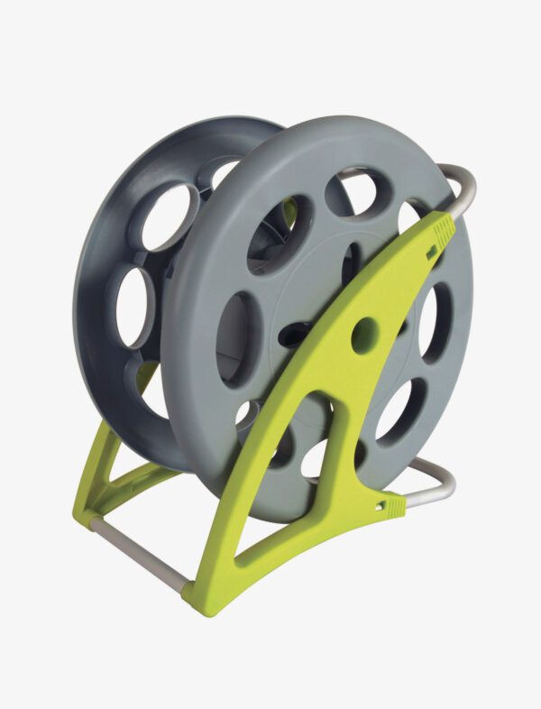 A yellow and grey hose reel with a handle