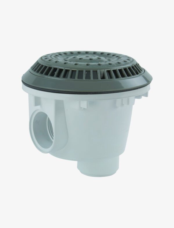A gray and white plastic drain with a black lid.