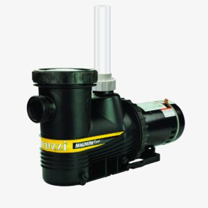 A black and yellow pool pump sitting on top of a white surface.